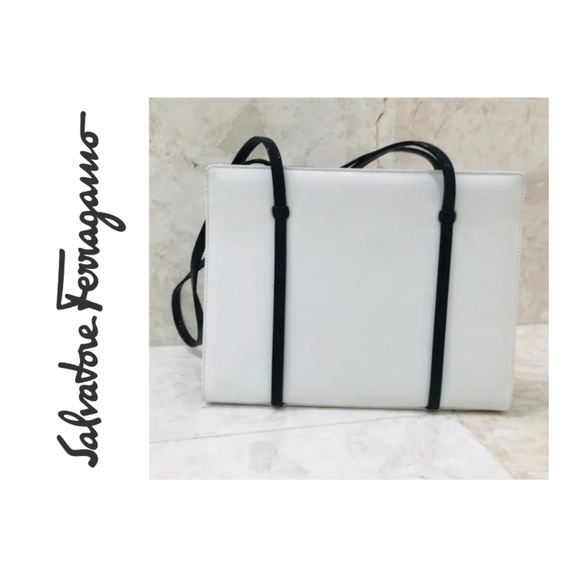 Salvatore Ferragamo Handbags - FERRAGAMO Purse / Shoulder Bag White & Black Straps Leather Patent Leath…